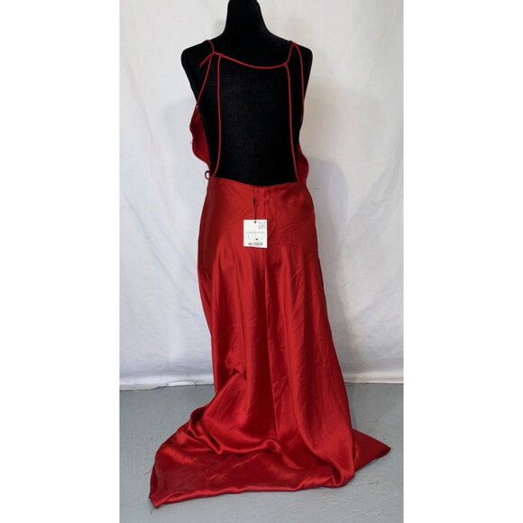 NWT ZARA Scarlet Red Thick Satin Open Back Straps Long Dress Women's Sz L - Picture 2 of 16
